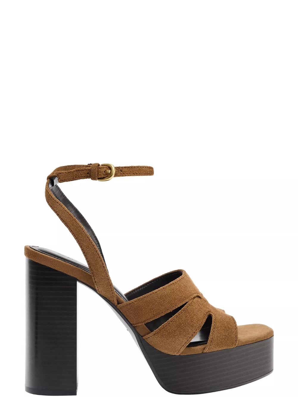 Zara Tan Suede Platform Block Heel Sandal with Ankle Strap